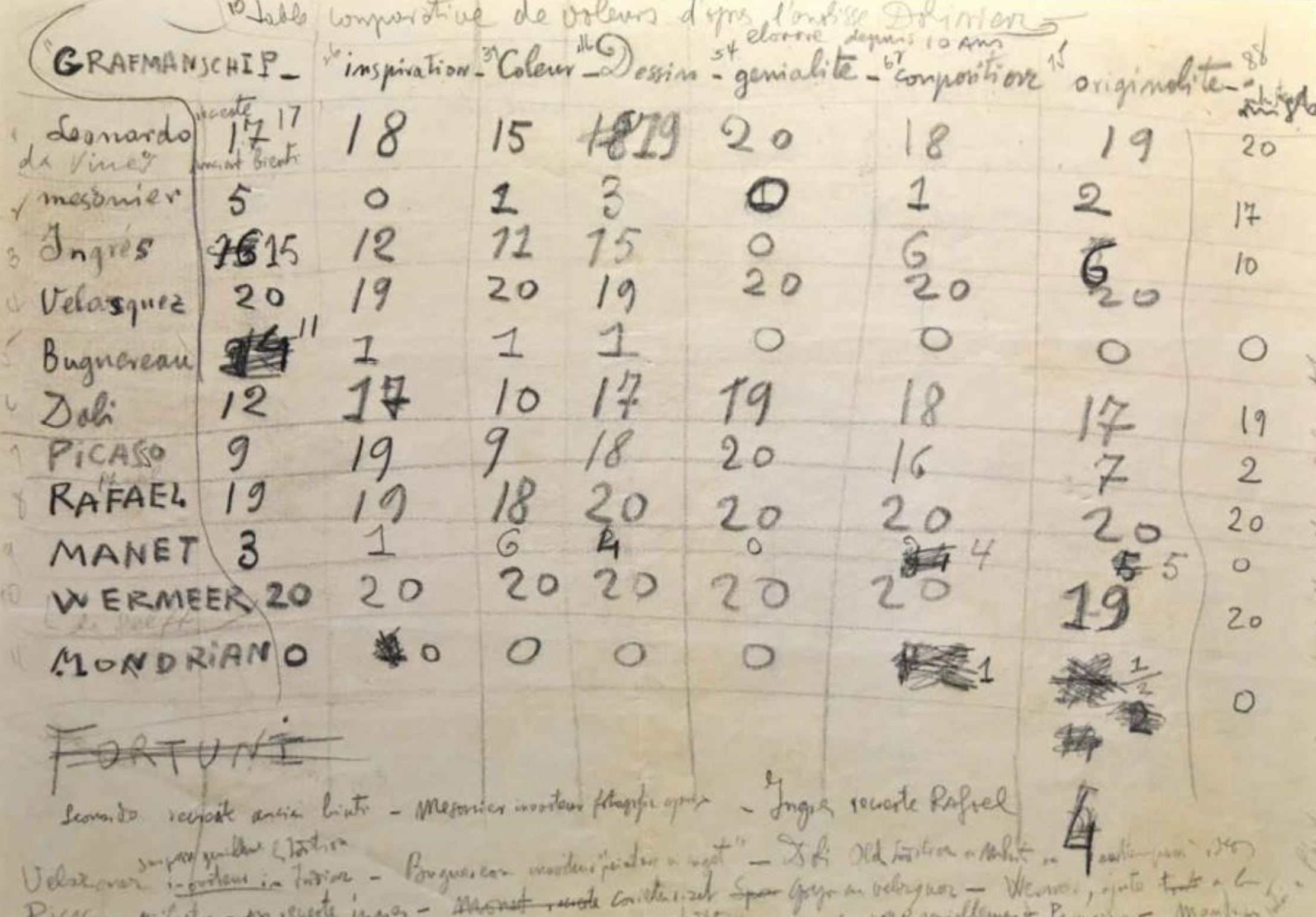 Salvador Dalí's real notebook scoring the masters by category
